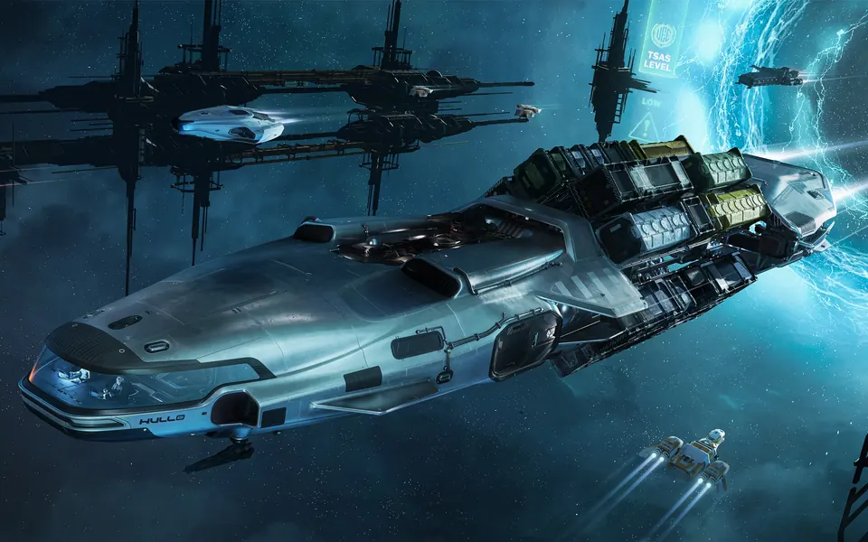 A cargo hauler cruising by a jump point