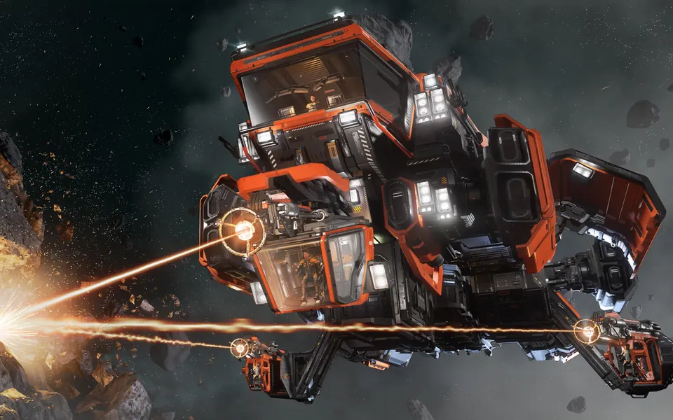 A MOLE mining ship lasering an asteroid