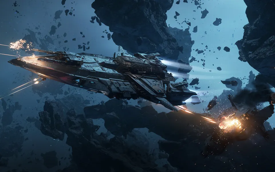 A warship in a debris field firing on targets